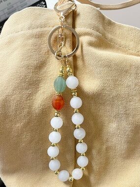Beaded Keychain Wristlet, Pale Pink Quartz & 14k Gold Filled Beads